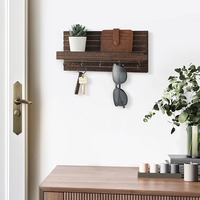 Decorative Key Holder for Wall with Shelf, Entryway Shelf with Hooks Holds Leashes, Jackets and Glasses – Sturdy Wood Keyholder Entrance Hanger with Mounting Hardware (Brown, Medium)