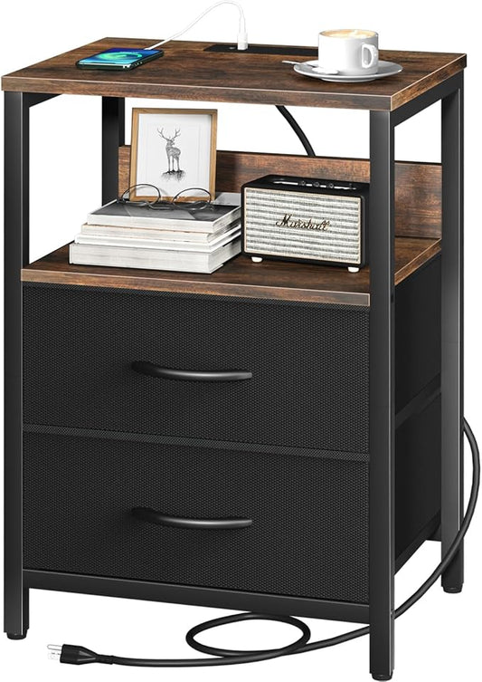 Yoobure Nightstand with Charging Station, Small Night Stand with Fabric Drawers and Storage Shelf for Bedrooms, Nightstands for Small Spaces, Bedside Table with USB Ports & Outlets, Bed Side Table