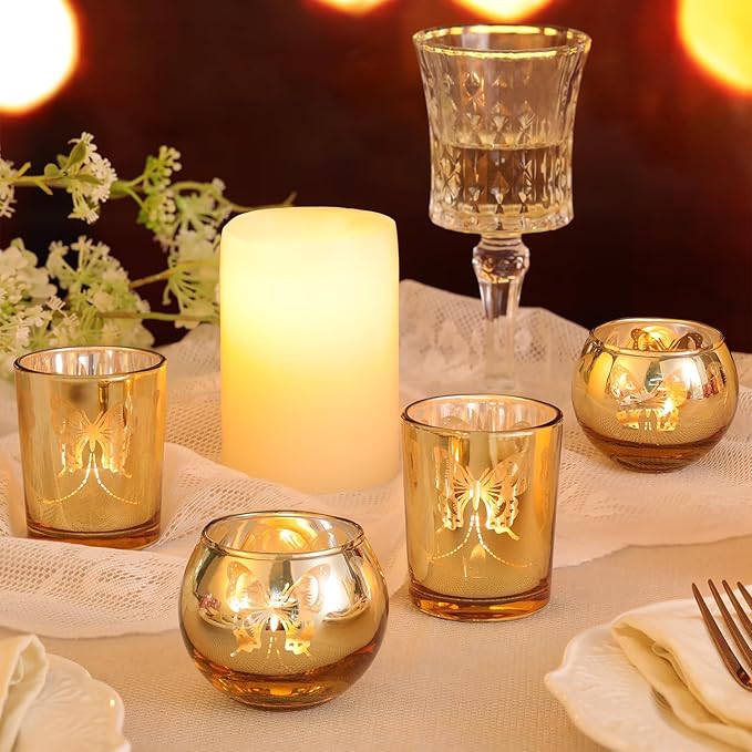 Gold 12 PCS Combination Tea Lights Candle Holder Decorative with Butterfly Pattern, Votive Candle Holders for Wedding, Birthday, Anniversary, Parties, and Holiday Decorations