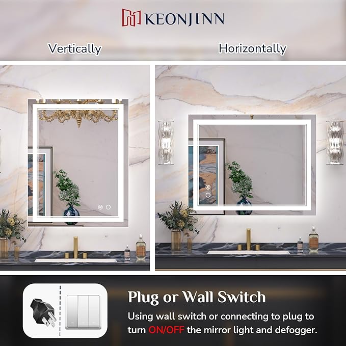 Keonjinn LED Mirror for Bathoom 24 x 30 Inch, Bathroom Mirror with Front Lights, Shatter-Proof Tempered Glass, UL-Listed LED Driver, Anti-Fog, Dimmale 6000K, Easy Installation(Horizontal/Vertical)