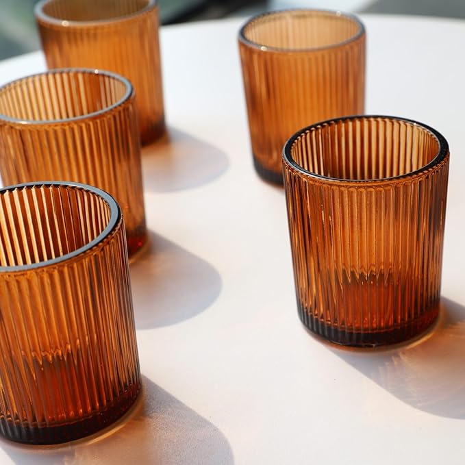 VOHO 24pcs Votive Candle Holders Bulk Wedding Centerpieces for Tables, Amber Tea Lights Candle Holder for Home/Fall Decor, Glass Ribbed Votive Candle Holder Gift Idea