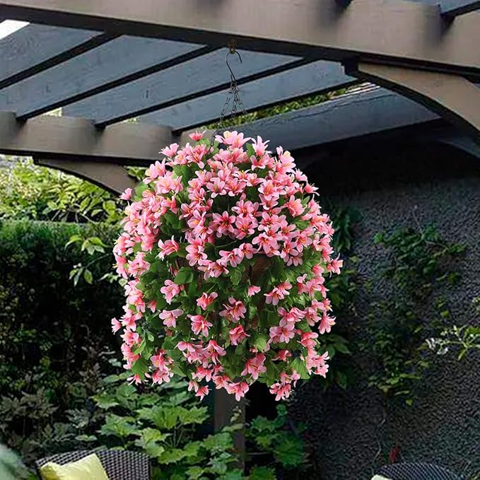 INQCMY Artificial Hanging Flowers in Basket for Spring Summer Patio Garden Decoration,UV Resistant Fake Silk Violet in Planter Realistic for Outside Home Porch Balcony Yard Decor(Pink)
