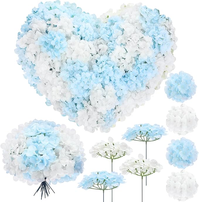 Zeyune 100 Pcs Hydrangea Artificial Flowers, Silk Flower Heads with Stems, Fake Hydrangea Bouquet for Wedding Arch Centerpiece DIY Floral Home Decoration (White and Blue)