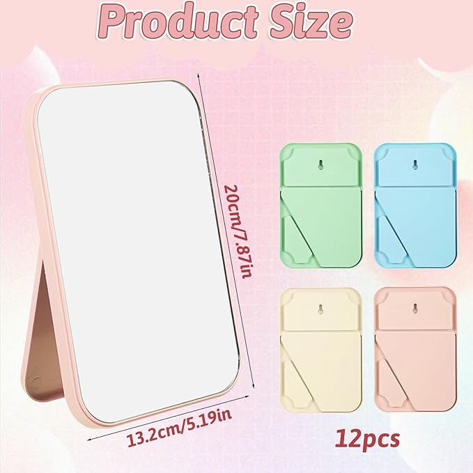 12Pcs Desktop Makeup Mirror 7.87inch Small Vanity Mirror with Stand, 90°Adjustable Portable Foldable Makeup Mirrors for Vanity Table, Office, Travel(4 Color)