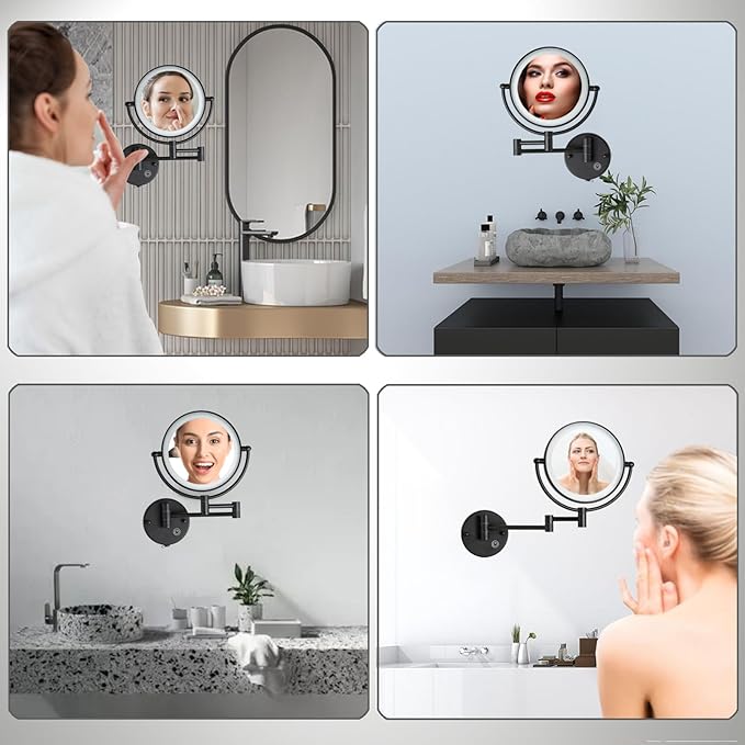 Hard Wired Make up Mirror Magnifying Lighted Black Wall Mounted, 8" 1X/5X Double-Sided 360 Swivel Extendable Arm Bathroom Makeup Mirror Wall Mount, Touch Dimmable, Matt Black