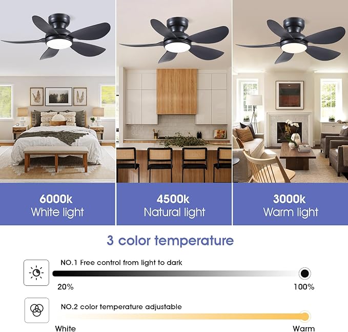 36 Inch Modern Ceiling Fans with Lights, Small Flush Mount Ceiling Fan with Light and Remote/APP Control, 5 Reversible 6 Speeds Curved Blades, 3 CCT Dimmable Lights for Bedroom, Black