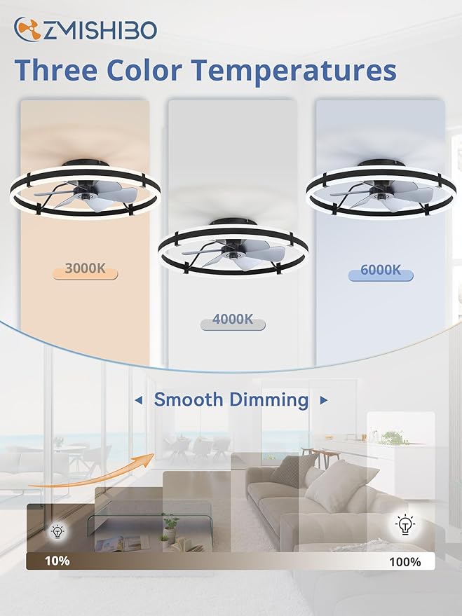 ZMISHIBO 24 Inch Ceiling Fans with Lights and Remote, Modern Low Profile Ceiling Fan, 3000-6000K Dimmable Flush Mount LED Fan Light, 6 Wind Speeds, Fandelier Ceiling Fans for Bedroom- Black