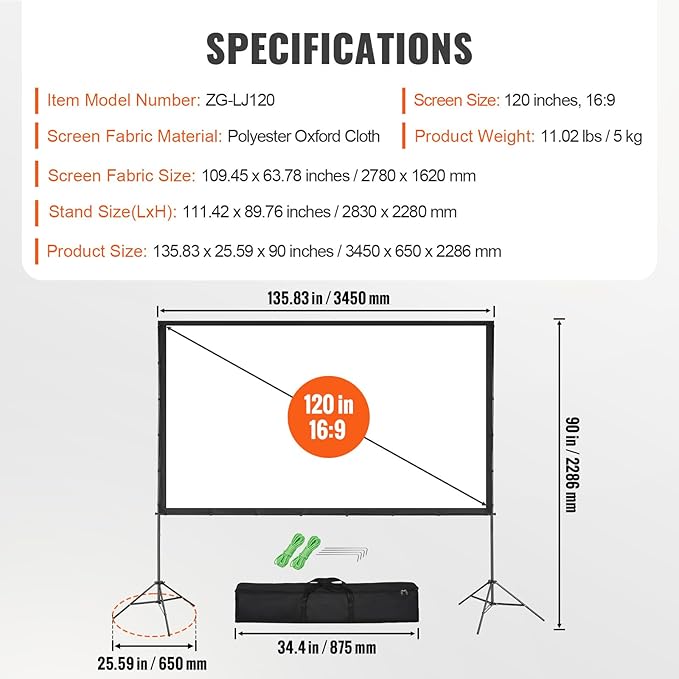 VEVOR Projector Screen with Stand, 120 inch 16:9 4K 1080 HD Outdoor Movie Screen with Stand, Wrinkle-Free Projection Screen with Tripods and Carry Bag, for Home Theater Cinema Backyard Movie Night