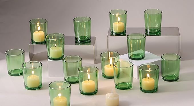 LETINE Green Glass Votive Candle Holders Set of 36 - Tealight Candle Holders for Spring & Summer Wedding and Christmas Centerpieces - Ideal Candle Jars for Making Candles