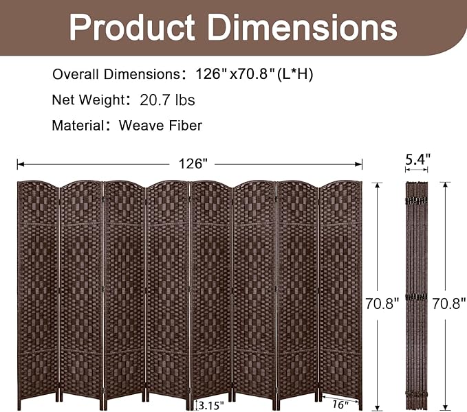 Rose Home Fashion 6 ft Tall Room Divider, Room Dividers and Folding Privacy Screens, 15.7in Privacy Screen 8 Panel Partition Temporary Wall Separation for Private, Brown