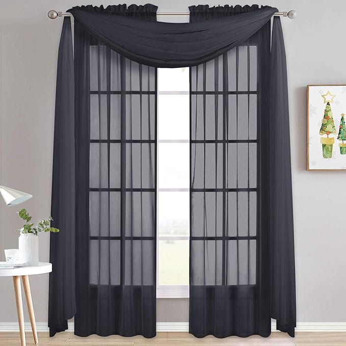 NICETOWN Black Sheer Villa Scarf Curtain Panels, Simple Voile Sheer Scarf Valance for Your Son & Farther Bedroom, 2 Pieces, 60" Length by 216" Width