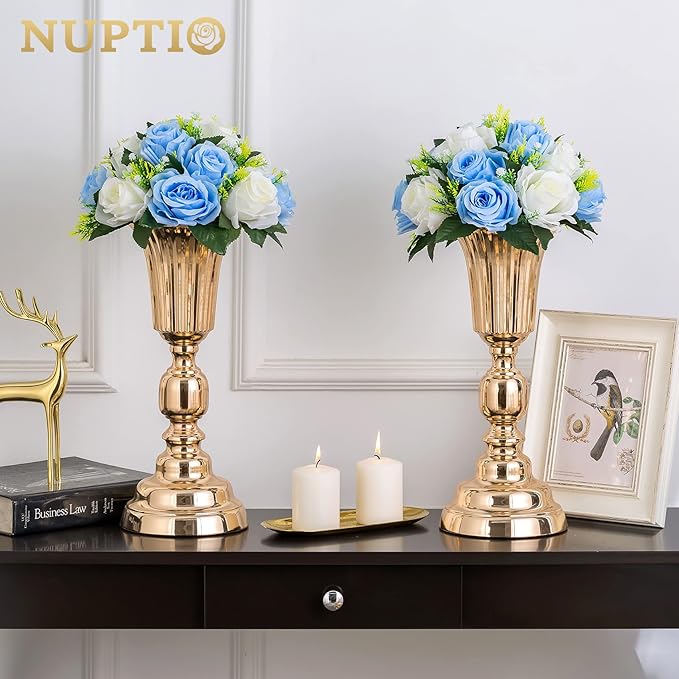 NUPTIO Pcs of 10 Fake Flower Ball Arrangement Bouquet,15 Heads Plastic Roses with Base, Suitable for Our Store's Wedding Centerpiece Flower Rack for Parties Valentine's Day Home Décor (Blue & White)