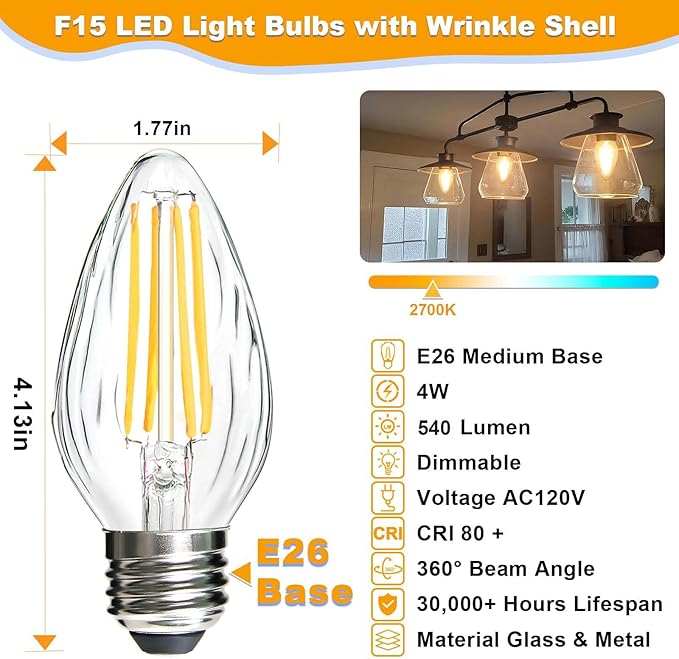 BRIMAX F15 4W Led Porch Light Bulbs Outdoor, Equivalent 40W Incandescent Bulb, E26 Medium Base Dimmable 2700K Warm White Flame Wrinkle Glass, LED Post Bulbs for Ceiling Fan and Lantern Lamp, 4Pack