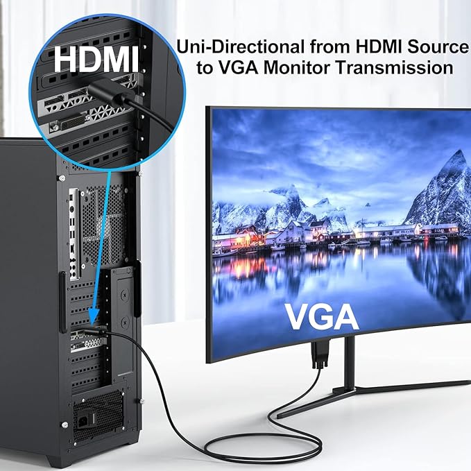 HDMI to VGA Cable 6 Feet, Uni-Directional Computer HDMI to VGA Monitor Cable HD 1080P@60Hz Video Cord Compatible for Computer, Desktop, Laptop, PC, Monitor, Projector, HDTV and More-NOT Bidirectional