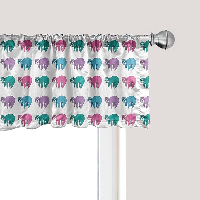 Ambesonne Funny Sloth Window Valance, Colorful Art Repeating Lazy Animal on Plain Backdrop, Curtain Valance for Kitchen Bedroom Decor with Rod Pocket, 54" X 12", Dark Seafoam Pink