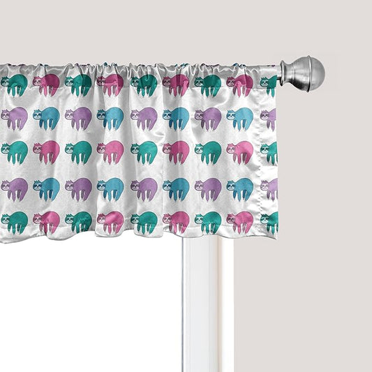 Ambesonne Funny Sloth Window Valance Pack of 2, Colorful Art Repeating Lazy Animal on Plain Backdrop, Rod Pocket Curtain Valances for Kitchen Bedroom, 54" X 18", Dark Seafoam Pink
