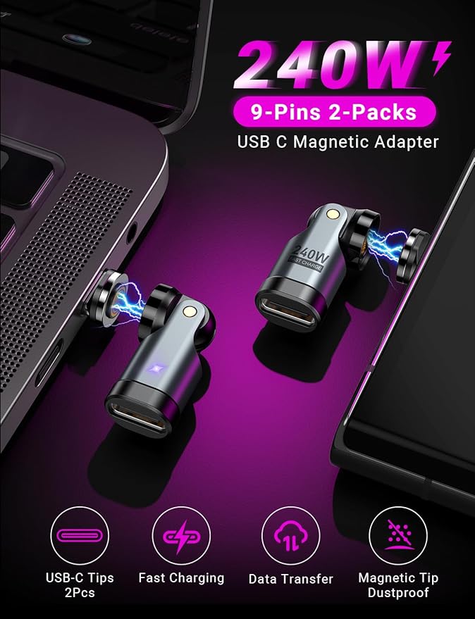 USB C Magnetic Adapter PD 240W(3Pack), 9PIN USB C 90 Degree Adapter/C Right Angle Adapter/180 Degree C Connector/C to C Adapters for 1Phone 17/16/15, Ma-Book Pro/1Pad Series, Samsung Galaxy Series