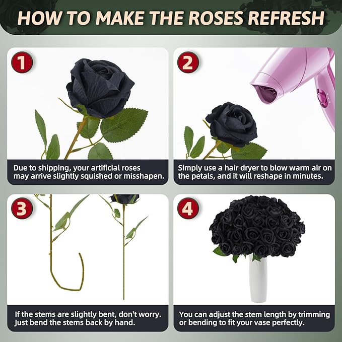 Black Roses Artificial Flowers 50 Pack in Bulk, Fake Roses Flowers Realistic Roses for Halloween Gothic Wedding Home Party Decoration Event Gift (Black)
