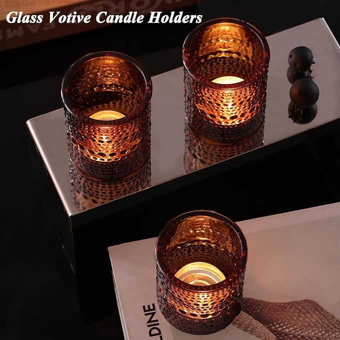 15Pcs Glass Votive Candle Holders, Amber Tea Light Candle Holders Vintage Fall Tealight Candle Holder Bulk for Autumn, Thanksgiving Table Centerpieces, Christmas Decor (Amber)