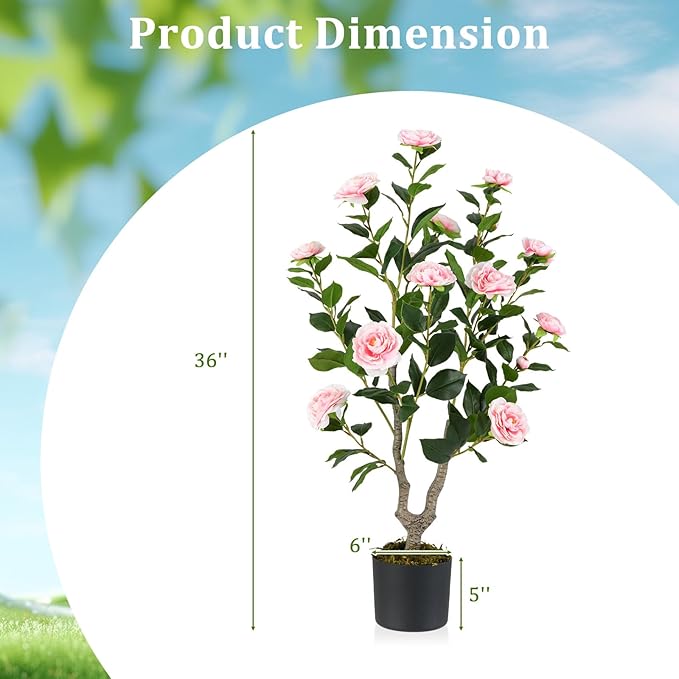 GOFLAME 3FT Artificial Camellia Tree, Faux Camellia Plant with Pink Flowers, Solid Wood Trunk, Realistic Moss, Greenery Potted Decoration Tree for Indoor Outdoor Home Porch Front Door