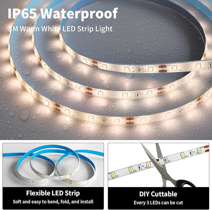 iNextStation 12V LED Light Strip IP65 Waterproof Warm White LED Strip Lights 16.4ft/5m Cuttable 300 SMD 2835 LED Tape Flexible Led Lights for Bedroom Outdoor Indoor Decor (Power Adapter not Included)