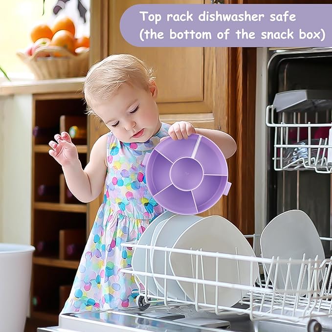 Kids' Rotating Snack Container Set – 2-Pack, Includes 1 Rotating Snack Container & 1 Round Sectioned Snack Box, BPA-Free, Dishwasher Safe, Perfect for Travel-Purple