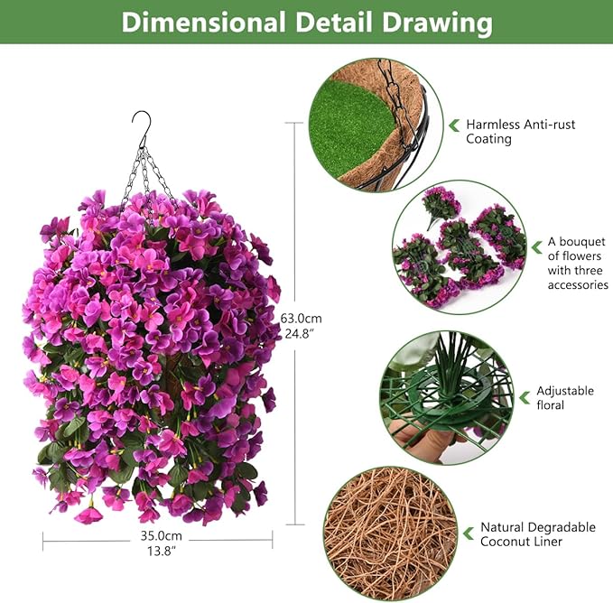 INQCMY Artificial Fake Hanging Plants Flowers Basket for Summer Outdoor Outside Decoration,Faux Silk Begonia Flower in Planter Look Real UV Resistant for Home Porch Patio Balcony Yard Decor