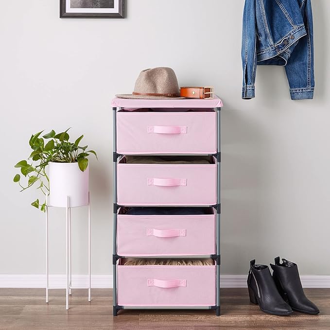 Juvale 4-Tier Dresser for Bedroom - 16.5 x 13 x 33 in, Pink, Modern - Closet Dresser with 4 Fabric Drawers for Clothes & Bedroom Storage
