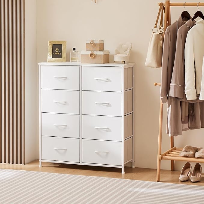 OLIXIS Dresser for Bedroom, Drawer Dresser Organizer Storage Fabric Storage Tower, Chest of Drawers with 8 Easy Pull Fabric Bins, Steel Frame, Wood Top for Living Room, Closet, Entryway, Hallway