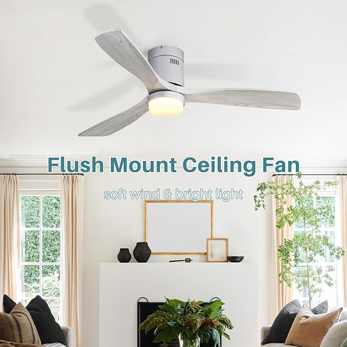 Sofucor Ceiling Fan with Lights 52 Inch Flush Mount Ceiling Fan with Remote Control, 3 Solid Wood Blades Modern Outdoor Ceiling Fans for Bedroom/Farmhouse/Patio/Indoor, Quiet DC Motor, Silver & Grey
