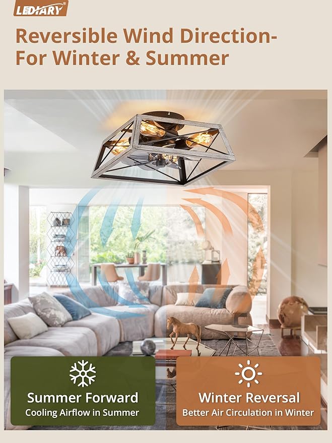 LEDIARY Ceiling Fans With Lights Remote Control, 22 Inch Farmhouse Caged Flush Mount Ceiling Fan Low Profile, Small Industrial Rustic Quiet Ceiling Fan With Remote For Bedroom, Kitchen, Indoor Home