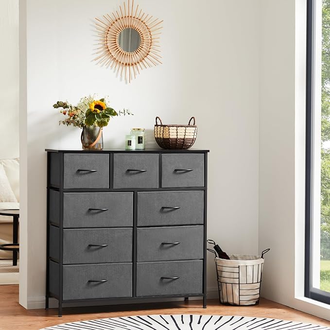 Sweetcrispy 9 Drawer Fabric Dresser Tall Chest Storage Organizer Tower with Cabinet Metal Frame and Wood Top Lightweight Nursery Closet Furniture for Bedroom,Charcoal Grey