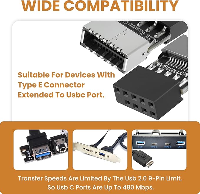 USB 2.0 to USB 3.2 Gen 1 Header Adapter, Internal 9 Pin Female to 3.1 Type-E (A-Key) Female for Front Panel Connector Motherboard (1 Pack)