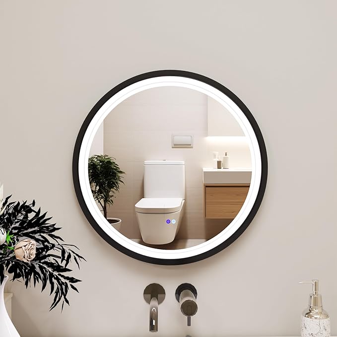Round LED Mirror 24 Inch for Bathroom, Black Metal Frame Lighted Vanity Mirror,Wall Mounted Circle with Lights,6000K Anti-Fog & Dimmable Touch Button