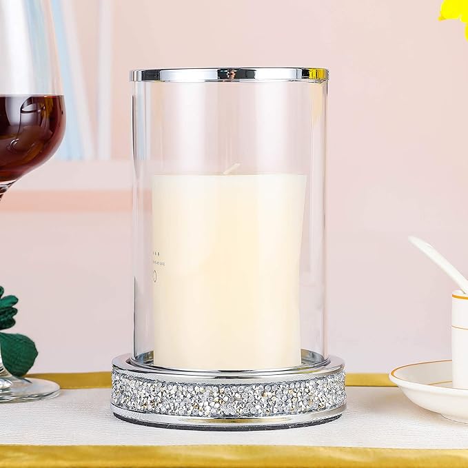 Pillar Candle Holders set of 2,Hurricane Candle Holders for Pillar Candle,Glass Candle Holder for Coffee Dining Table, Wedding, Christmas, Halloween, Home Decoration,Silver Candle Holders
