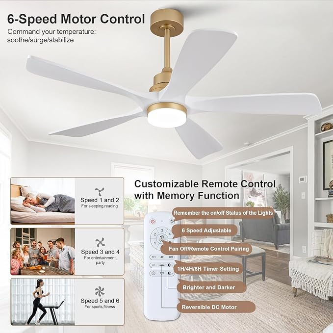 BOJUE 52 Inch Ceiling Fans with Lights and Remote Control, White Gold Ceiling Fan with Light for Bedroom, Noiseless DC Motor, Dimmable Led 5 Solid Wood Blades