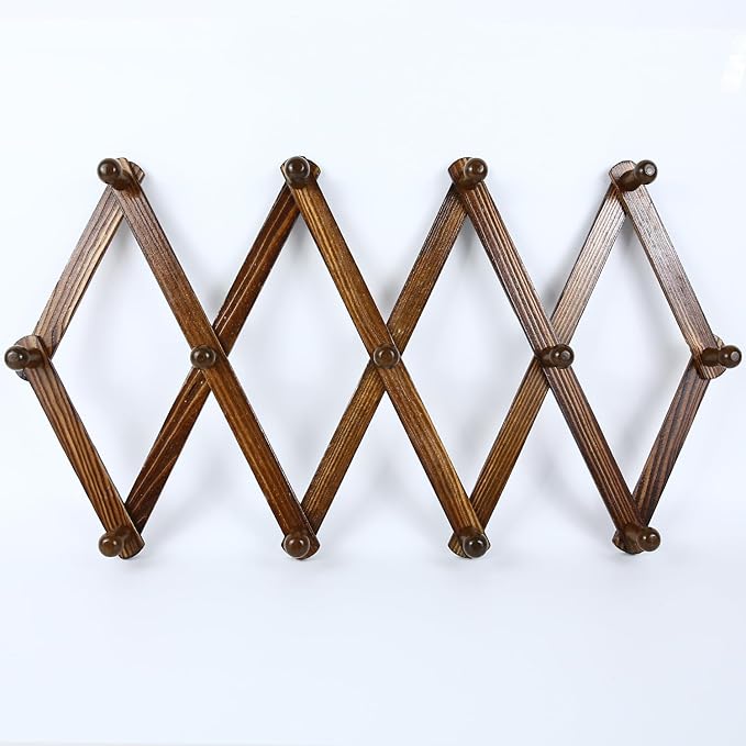 AMAPON Accordion Style Expandable Wall Wooden Coat Rack 13 Hooks (Pegs) Hang Hats Jackets Coffee Mug Purses Necklaces Towels Cap Leash Scarves Data Line Kitchenware (Walnut Color)