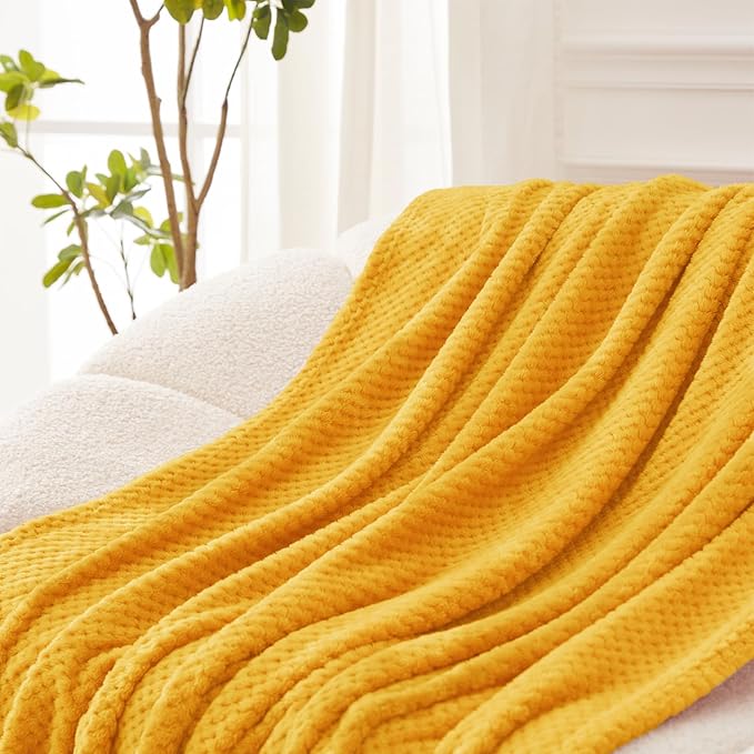 Exclusivo Mezcla Fleece Bed Blanket Queen Size, Super Soft and Warm Blankets for Couch, Sofa and Bed Waffle Textured, Cozy, Fuzzy and Lightweight (Mustard Yellow, 90x90 Inches)