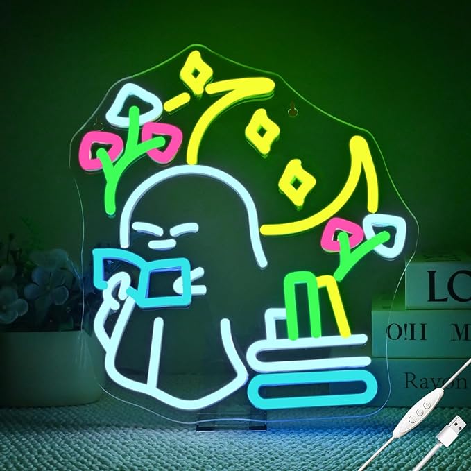 Little Ghost is Reading Books Neon Sign, Whimsical Study Vibes Neon Light, USB Powered Dimmable, 5V/2A, for Wall Decor, Kids Library, Reading Party and Corner, Gift, Classroom, Book Lover