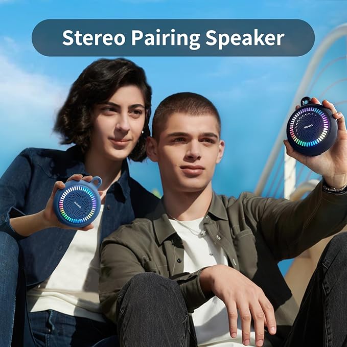 SOWO Shower Bluetooth Speaker Waterproof - Small Portable Wireless Clip Speaker with Louder Volume and Powerful Bass - Colorful Lights and 10H Playtime - Lightweight for Camping,Kayak,Boat - Blue