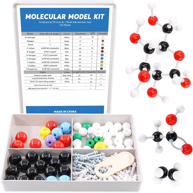 Swpeet 125 Pcs Molecular Model Kit for Inorganic & Organic Molecular Model Teacher and 16 Years and Over Student Kit - 54 Atoms & 70 Links & 1 Short Link Remover Tool - Science Toys