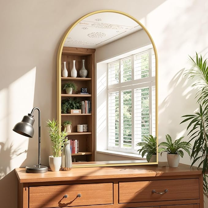 Sweetcrispy Arched Bathroom Mirror 36x25 Inch Gold Metal Framed Arch Vanity Mirror for Wall, Over Sink, Farmhouse, Restroom, Anti-Rust, Modern Decorative, Hanging or Leaning