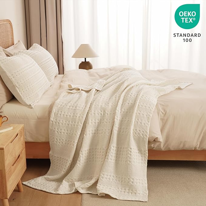 PHF 100% Cotton Waffle Weave Throw Blanket, Soft Lightweight Breathable Cozy Throws for Couch Bed Sofa, Luxury Aesthetic Woven Blanket for Home Decor & Office, 50"x60", Natural