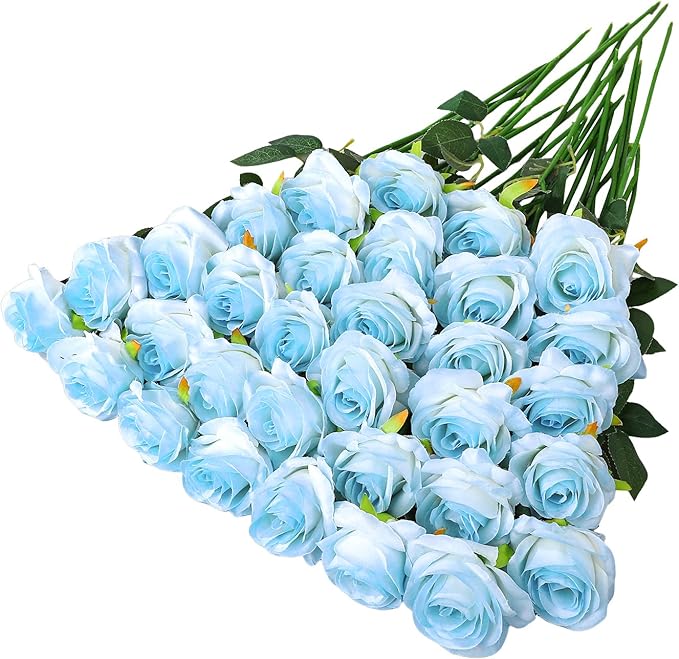 68 Pcs Ice Blue Artificial Roses Fake Flowers,Silk Flowers with Stems for DIY Wedding Bridal Shower Centerpieces Arrangements Tables Decorations