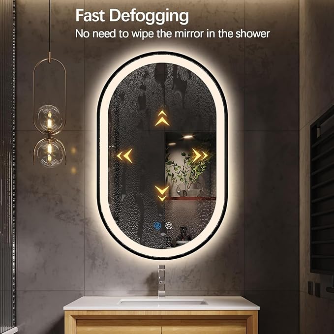 Niccy Oval LED Mirror for Bathroom, 32x20 Front Lit + Backlit Vanity Mirrors with Light Anti-Fog, Shatter-Proof, Makeup Mirror with Black Frame (Horizontal/Vertical)