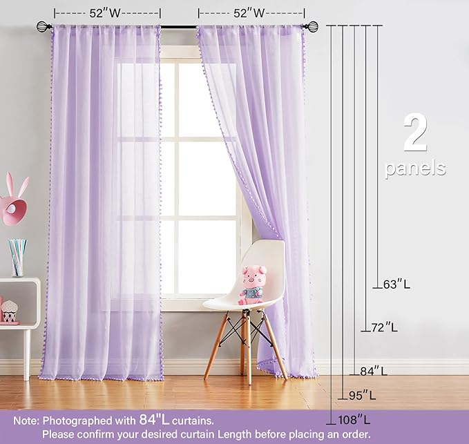 Treatmentex Pom Pom Sheer Curtains for Bedroom 95inches Long Linen Textured Window Voile Drapes Lilac Rod Pocket 1 Pair