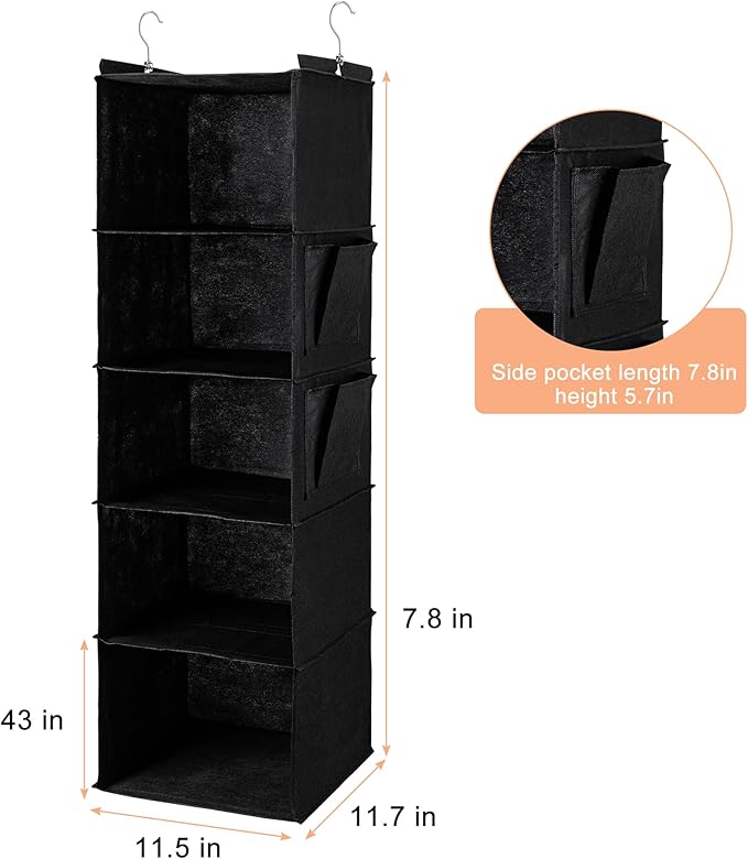 BOOMIBOO Hanging Closet Organize and Shelves，5-Hanging Shelf with 2 Side Pockets，Storage Foldable （2 Pack,Black）