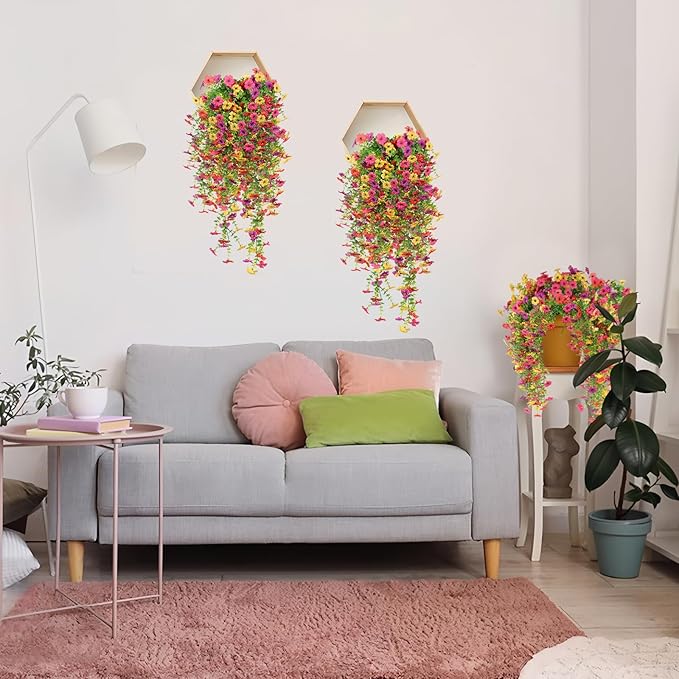12 Pcs Artificial Hanging Mums Flowers Outdoor, Fake Hanging Spring Plants for Outdoor Planter Patio Front Door Window Box Decoration (12, Red, Purple, Rose Red, Yellow)