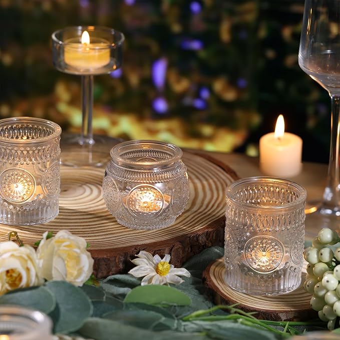 DARJEN 48Pcs Clear Votive Candle Holders - Glass Tea Light Candle Holder, Candle Holders Bulk, Embossed Candle Votives for Wedding Centerpiece & Home Decor