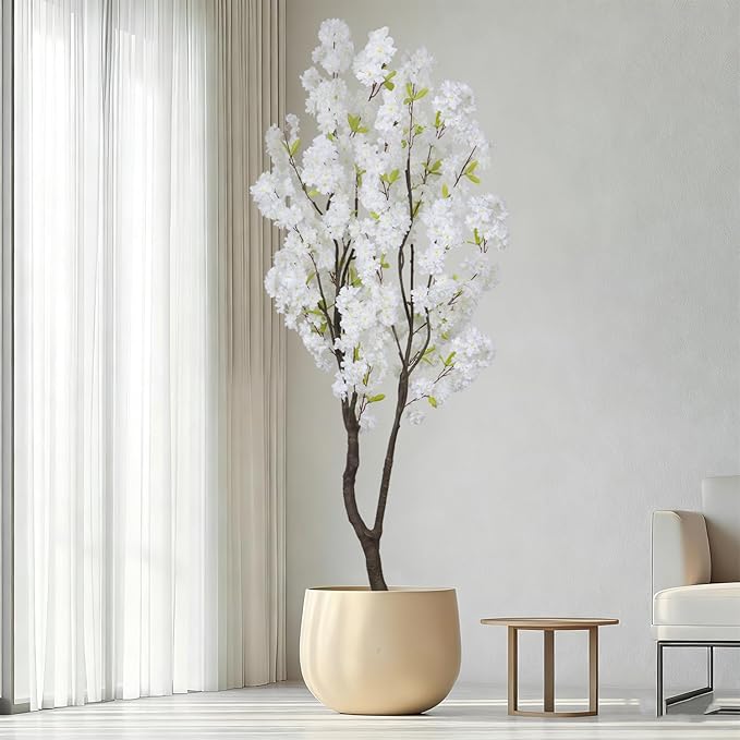 Faux White Cherry Blossom Tree 6.5ft(84in)Tall Artificial Plant Indoor Decor Handmade Natural Fake White Flower Tree for Wedding Realistic Cherry Plant in Pot for Home Living Room,Office Decor.